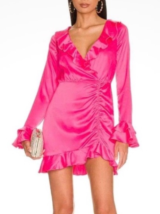 MAJORELLE Pink Satin Ruffle Wrap Nelly Mini Dress in Paradise Pink New with Tags - Picture 13 of 13